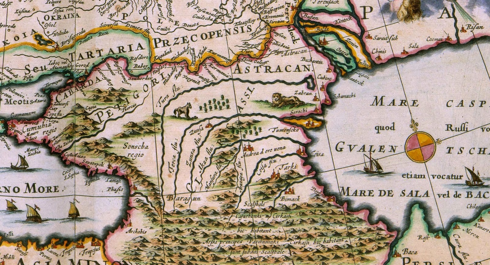 Фрагмент голландской карты Каспия XVII века: Астрахань, Тарки, устья Терека и Койсу